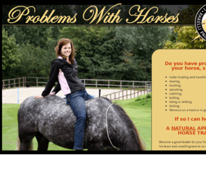 problemswithhorses.com: Problems With Horses
    *  trailer loading and travelling,
    * rearing,
    * bucking,
    * spooking,
    * catching,
    * bolting,
    * biting or striking,
    * kicking,
    * Nervous on a hack or in general ... 