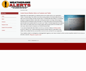 wx4me.com: Instant Severe Weather Alerts via Facebook and Twitter
Weather4Me is the home of the Weather4Me Alerts Platform, a tool for emergency management officials, media outlets, and the general public to receive emergency information quickly and efficiently using services like Facebook and Twitter.