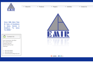 emir.com.my: emir enterprises sdn bhd
EMIR Enterprises Sdn Bhd represents products, services and solutions which conform to the world's standards and local approvals. Our product have also been widely used for government and private projects i.e. PUTRAJAYA, JKR, MARA, SPNB, HOSPITALS, KKDN, MINDEF, FELDA and other projects