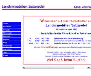 landimmobilien-saw.de: Landimmobilien Salzwedel, Hansestadt Salzwedel, Altmark, Sachsen-Anhalt, Index
Vermittlung von Immobilien in der Altmark und im Wendland. Wir vermitteln Ackerland, Höfe, Resthöfe, Häuser, Wohn- und Geschäftshäuser, Bauland und Grundstücke.