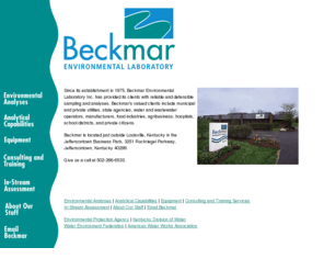 beckmarlab.com: Beckmar Environmental Laboratory - Water Sampling and Analyses
Beckmar Environmental Laboratory is a lab    specializing in the sampling and analysis of wastewater and drinking water