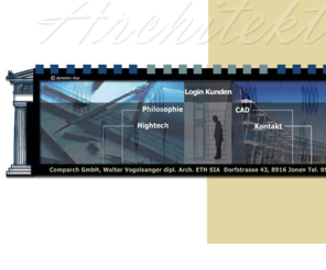 comparch.ch: Comparch GmbH, Walter Vogelsanger, Architekt, Architektur, CAD,  Industriebauten,Technische Bauten
Da die Prozesse rund um das Bauen und Sanieren einem stetigen Wandel unterliegen, ist unsere Erfahrung in der Architektur und bei der komplexen CAD-Planungen von hohem nutzen, da Lösungsansätze  kostensparend und schnell evaluiert werden können.  Unser Angebot umfasst: Architektur, CAD, CAD-Zeichnungen, CAD-Planungen, Industriebauten Wohnungsbau,Planung, Hightech, Technische Bauten, Bürobauten, Wohnbauten,Wohnbauten,2D-Pläne, 3D-Pläne