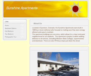 sunshineapartment.net: Sunshine Apartments - Home
One and Two bedroom apartment options located in Gunnison, CO