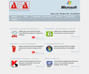 afa.inf.br: AFA Assessoria e Informática Ltda.
Nota Fiscal Eletrônica, NF-e, Força de Vendas, Sistema de protocolo, Comercio, GCommerce, Podologico, Podológico, Podologia, Microsoft, avp, kaspersky, afa, manutencao, manutenção, nota fiscal eletronica, informatica, informática, servidores, servidor,
rede, redes, software, sistemas, sistema, windows, sql server, delphi, rio claro 