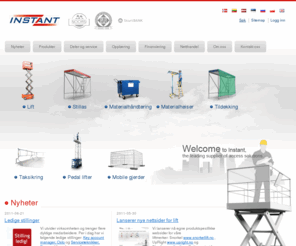 instant.no: Instant Norge AS
Instant Norge AS er en av landets ledende forhandlere av lift, stillas og materialhåndteringsprodukter. Vi fører anerkjente merker som Instant, Snorkel, Ihimer, Dingli og Sumner til konkurransedyktige priser. Kontakt oss i dag på telefon 23 19 11 00. 