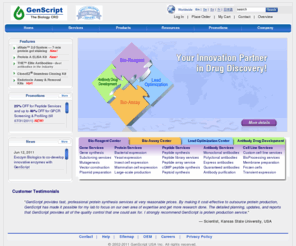 genscript.com: GenScript - Your Innovation Partner in Drug Discovery!
As a leading biology CRO focusing exclusively on early drug discovery and development services, GenScript provides a comprehensive portfolio of services that include Bio-Reagent, Bio-Assay, Lead Optimization, and Antibody Drug Development.