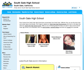 southgatehighschool.org: South Gate High School
South Gate High School is a high school website for South Gate alumni. South Gate High provides school news, reunion and graduation information, alumni listings and more for former students and faculty of SGHS in South Gate, California