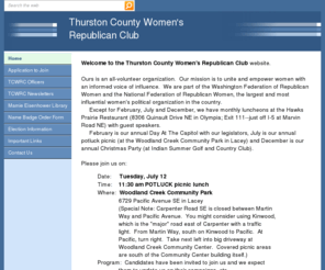 tcwrc.com: Thurston County Women's Republican Club
Thurston County Women's Republican Club is an all-volunteer organization.  Our mission is to unite and empower women with an informed voice of influence.  We have monthly luncheons with guest speakers.