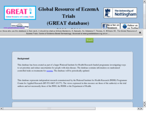 greatdatabase.org.uk: Global Resource of EczemA Trials (GREAT database)
'one stop' resource for randomised controlled trials of eczema treatments for researchers in order to facilitate future eczema research. Each eczema trial is systematically reviewed