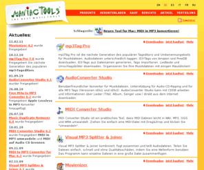 maniactools.de: ID3 MP3 Tag Editor, WMA Tagger, MP3 Organizer, iPod Konverter, CD Ripper, ManiacTools
Home page of mp3Tag, Media Catalog Studio and AudioConverter Studio << ManiacTools. Free download