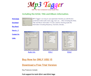 mp3tagger.com: MP3 Tagger - mp3 renamer, playlist maker, lyrics editor, karaoke editor, id3v2 editor
MP3 Tagger edit the text contained inside audio (mp3, ogg, mp2, avi, ...) files 