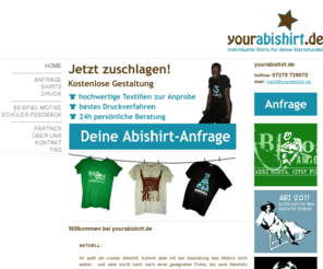 yourabishirt.de: ABISHIRTS - yourabishirt
Individuelle nach Schülerwunsch gestaltete Abishirts! Lasse dir ein einzigartiges Abishirt designen!