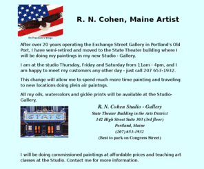 rncohen.com: R. N. Cohen - Exchange Street Gallery
Art Gallery featuring this fine watercolor artist and his
limited edition prints of Maine and New England life.