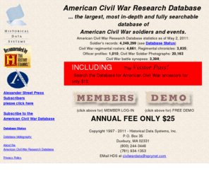 civilwardata.com: American Civil War Research Database
American Civil War Research Database; a database of over 4 million American Civil War Union and Confederate soldiers fully searchable by soldier's name and by regiments. The American Civil War Research Database will assist military tactics, reenactment or genealogy research.