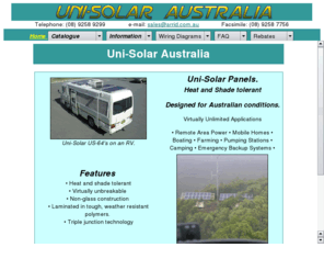 unisolar.com.au: Uni-Solar Australian Distributers of Uni-Solar Modules
Australian distributors for Uni-Solar amorphous solar modules for remote area power supplies, grid connect, recreational vehicles and villiage power systems. Uni-Solar photovoltaic modules are available in rigid, flexible and foldable models. (Unisolar)