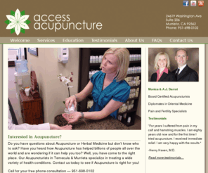 accessacupuncture.net: Access Acupuncture in Old Town Murrieta, California
A.J. and Monica Sarrat are Board Certified Licensed Acupuncturists who are specialists in Pain and Fertility