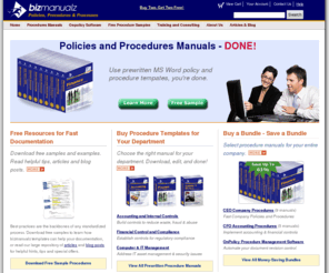 policies-procedure-manual.com: Policies and Procedures Manuals For Your Business
Policies and procedures manuals from Bizmanualz are easily editable in Microsoft Word, throughly researched, and designed to save you countless hours of research and writing time.