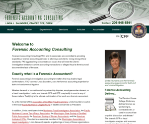 forensiccpa.org: Forensic Accounting Consulting | Forensic Accountant, CPA, CFE
Forensic Accounting Consulting provides expeditious forensic accounting services to attorneys and clients. Linda Saunders, CPA/CFE, uses her forensic accounting expertise for both civil and criminal litigation.