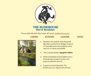 bunkhouse.biz: The Bunkhouse Bed & Breakfast, Big Timber, Montana
Buckin' Horse Bunkhouse Montana Bed and Breakfast. Secluded creekside log cabin bed and breakfast in Yellowstone Country near Big Timber, Montana.