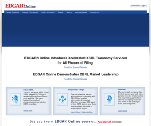 edgaripo.com: EDGAR Online - Experts in XBRL company financial data, SEC filings, data feeds and analytical tools
EDGAR Online provides XBRL company information and XBRL services including SEC filings, custom data feeds and analytical tools. 