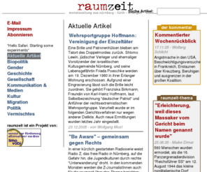 raumzeit-online.de: Raumzeit - Startseite
Raumzeit - Magazin aus Nürnberg, Erlangen Fürth - Startseite mit Artikeln zu aktuellen Themen aus Kultur, Politik und Gesellschaft