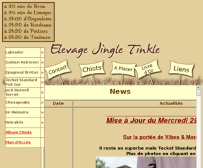 jingletinkle.com: Elevage Jingle Tinkle - Fabrice Simonet
fabrice simonet, jingle tinkle, chiens, chien, chiots, chiot, elevage, elevage labrador, elevage retriever, elevage golden, elevage golden retriver, elevage teckel, elevage teckel standard poil dur, elevage rottweiller, elevage epagneul, elevage epagneul breton, elevage jack russell, canin, dressage, canine, lab, correze, limousin, brive, limoges, lice, etalon, retriever, saillies, naissance, mise bas, reproducteurs, males, femelles, portées, lof, pedigree, rapport, chasse, compagnie