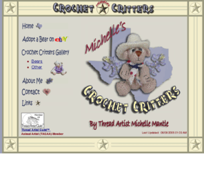 crochetcritters.com: Crochet Critters - Home
Miniature thread crochet bears, ornaments, and other critters.  Each tiny bear, critter, or ornament is hand stitched, making each unique.  Please view our current crochet critters up for adoption on E-bay, and a gallery of past critters on this site.  Custom bears, ornaments, and critters can be made on request.  These tiny treasures make perfect gifts or addition to your own collection.  