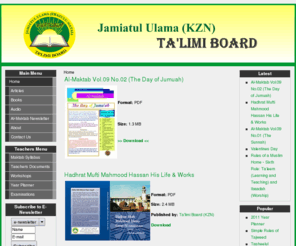 talimiboardkzn.org: Jamiatul Ulama (KZN), Ta’limi Board
The Jamiatul Ulama (KZN), Ta’limi Board is primarily focused towards establishing makaatib in the KZN province of South Africa. Your duas for the acceptance of this humble effort is requested.