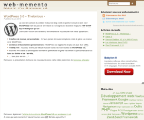 web-memento.fr: web-memento - Cahier(s) d'un développeur web
web-memento pour une approche concrète du développement web : PHP/MySQL, POO, javascript, Wordpress, Magento, Drupal, Google, Référencement et toute l'actualité du web.