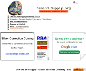 demand-supply.org: Demand and Supply - Global Business Directory - B2B listing
B2B websites and articles: Agriculture, Energy, Mining, Chemistry, Industry, Information, Finance, Services and more.