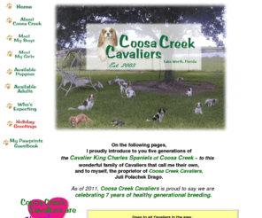 coosacreekcavaliers.com: Coosa Creek Cavalier King Charles Spaniels ~ Cavalier Home
Coosa Creek Cavalier King Charles Spaniels of Lake Worth, Florida ~ AKC/CKCSC, health-tested Cavalier King Charles Spaniels.  Breeding emphasis placed on health first, beauty second. Come on over for a Coosa Creek Cavalier puppy visit!