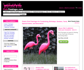 plasticflamingoes.com: Plastic Pink Flamingos - Lawn Ornaments for your Garden and Yard - Flamingo Fundraising Too!
Plastic Pink Flamingos Lawn Ornaments for Sale.  SAME DAY SHIPPING for all Orders!  We stock Don Featherstone Pink Flamingos!  Large selection of many types of Plastic Pink Flamingos.