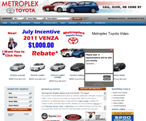 metroplex-toyota.com: Metroplex Toyota | Toyota Dealer | Dallas, Texas
Visit the Official Site of Metroplex Toyota, Selling Toyota in Dallas, TX and Serving Dallas, Texas. 39660 LBJ Fwy S (I-20 @ Hampton), Dallas, TX 75237.