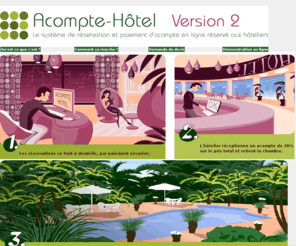 acompte-hotel.com: acompte hotel le paiement securise en ligne de l'acompte de la réservation.
acompte hotel permet aux hoteliers qui veulent maitriser la location de leur chambre  d'avoir un service de réservation souple avec paiement de l'acompte par paiement en ligne sécurisé