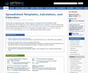 vertex42.org: Vertex42 - Excel Templates, Calendars, Calculators and Spreadsheets
Excel templates, calendars, calculators, spreadsheets, and other Excel solutions for business, home, and educational use.