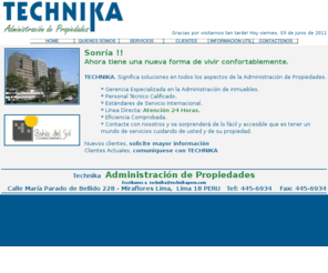 technikaperu.com: Technika Administración de Propiedades
Technika, ubicado en Lima, Peru, Administradora de propiedades. Technika ofrece varios servicios, incluyendo el la gestion de propiedades.