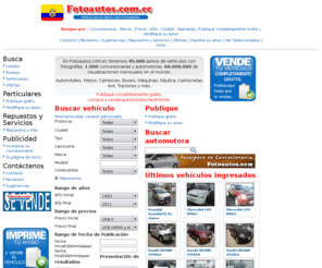 fotoautos.com.ec: Fotoautos.com.ec: Fotoautos: miles de autos y vehiculos nuevos y usados
En  Fotoautos.com.ec  tenemos 45.000 avisos de vehículos con fotografías, 1.000 concesionarias y automotoras, 60.000.000 de visualizaciones mensuales en el mundo Automóviles, Motos, Camiones, Buses, Máquinas, Náutica, Camionetas 4x4, Tractores y más.  Publique completamente gratis compre y venda automóviles fácilmente