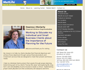 deannamoriarty.com: Deanna Moriarty
Retirement Planning Services for residents of Greene, Ulster, Albany , Schoharie and Delaware Counties, Deanna J Moriarty, Financial Services Representative, My mission is to help the general public of upstate New York by protecting their assets through proper coverage on their auto, home and excess liability coverages, Determining each of my client's human life value and exploring life, long term care and disability insurance needs is also critical, Implementing proper asset allocation for their investment risk tolerance and time horizons can help my client's achieve their financial dreams, I help individuals develop financial objectives, and achieve those objectives through various financial products and investment services that are designed to meet their present and future needs,




 
