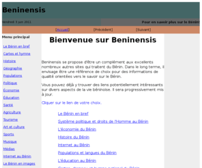 beninensis.net: Bienvenue sur Beninensis
Benin, Cotonou, economie, finance, finances, macro, monnaie, indicateurs monetaires
Cartes, drapeau,hymne national, histoire,géographie,populations,démographie,
langues,Religions,Système politique,Droits de l'Homme,Économie,Éducation,Santé,
Tourisme,Ressources minières, mines,Services gouvernementaux, internet,Art,
culture,Sports,Musique, Médias, presse, journaux, internet