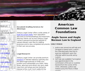 siskiyoulegal.com: Siskiyou Legal Center
Professional paralegal services: powerful pleadings drafting for attorneys (including responsive pleadings documents); intense interrogatories and other discovery documents; rigorous research of legal and statutory authorities; form documents and legal research facility for non-attorneys. 
