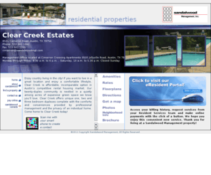 clearcreekapt.com: Clear Creek Estates, Austin TX | Residential Real Estate | Sandalwood Management
Rental houses located in Austin, Texas, TX. One, two and three bedroom duplexes for rent with comfort and conveniences.