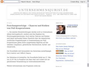 unternehmensjurist.de: Unternehmensjurist.de - Juristisches Weblog mit wirtschaftsrechtlichen Informationen
Juristisches Weblog von Stefan Deyerler mit wirtschaftsrechtlichen Informationen, insbesondere aus den Bereichen Gesellschafts-, Handels-, Zivil- und Arbeitsrecht sowie dem Recht der Neuen Medien.