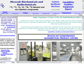 moravek.com: Moravek Biochemicals, Radiochemicals, and stable isotope labeled compounds
Contact Moravek Biochemicals, Inc. for high quality catalog or custom synthesized labeled tritium and carbon-14 radiochemicals, stable isotope labeled and non-labeled compounds.