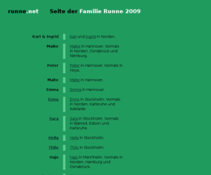 runne.net: runne.net
Ingrid, Karl, Maike, Enno und Hajo Runne, Maike Thming, Peter Thming, Malte Thming, Sara Sundvik Runne, Hella Runne, Thilo Runne, Elisabeth Schulte Runne, David Runne, Rudolf Folkerts, Dita Folkerts