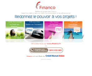 mon-partenaire-credit.fr: Financo vous finance. Votre partenaire crédit et prêt personnel.
Financo, votre partenaire crédit finance vos projets travaux, auto, moto. Il met à votre disposition un prêt projet et un crédit renouvelable.