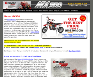 razormx500.net: Razor MX500 | Find out where to get BEST DEAL On Razor MX500
Razor MX500 high performance electric motocross bike. Find Out where to Get Best Deals on Razor MX500. Also get FREE Shipping for Razor MX500 Electric Motocross Bike