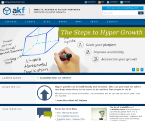 kaf-consulting.com: AKF Partners  |  Abbott, Keeven & Fisher Partners
AKF Partners help you scale your platform, improve availability and accelerate your growth.  AKF Partners include Marty Abbott, Tom Keeven, and Michael Fisher (Mike Fisher) they are technology consultants who specialize in scalability and availability for hyper-growth companies by helping architect scalable websites.  As experts in scalability they have authored two books, The Art of Scalability, Scalability Rules, and hundreds of informative post on their technology blog.