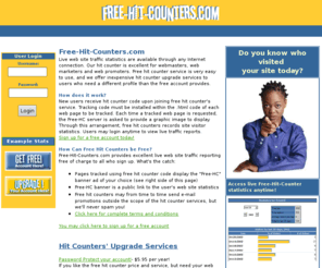 free-hit-counters.com: Hit counters from Free-Hit-Counters.com
Free-Hit-Counters.com is a free hit counter and stats service for your web site. 
Choose from 5 different hit counters to track your website's statistics around the clock. You can check your stats from anywhere at any time using a web browser! 