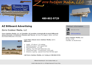 zorroboards.net: Billboard Advertising AZ - Zorro Outdoor Media, LLC
Zorro Outdoor Media, LLC of Chandler, AZ provides strategically located billboards. Call 480-802-9729 today.