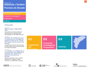 alicanteinnovacionyterritorio.es: Programa Innovación + Territorio. Provincia de Alicante
El objetivo de este programa es identificar oportunidades estratégicas de la Provincia de Alicante y proponer un nuevo modelo económico a través de proyectos concretos de transformación territorial y de organización estratégica.